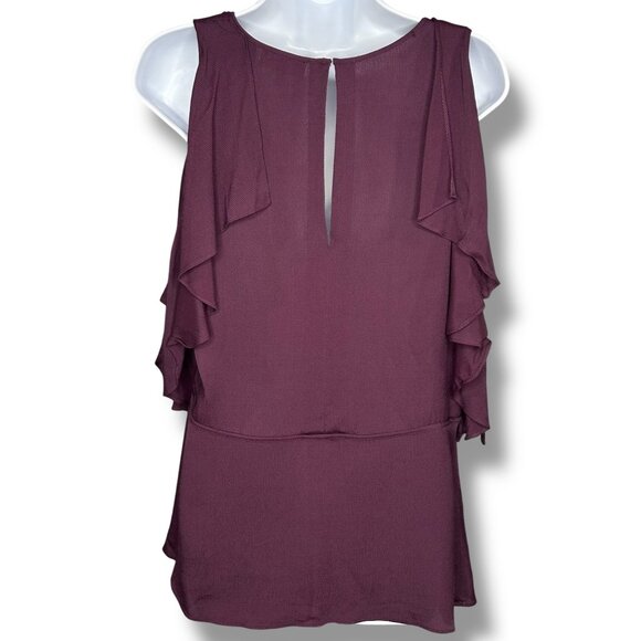 Theory Desiraya Plum Purple Ruffle Cold Shoulder Keyhole Top Blouse - Picture 4 of 5